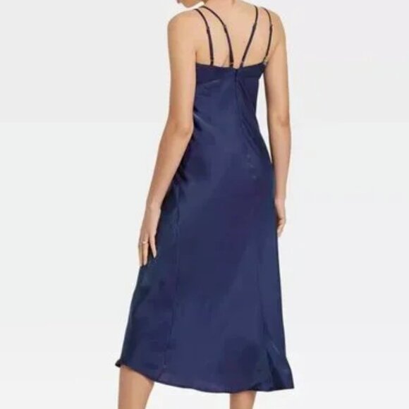 NWT, SZ L, Bias Cut Satin Midi Dress, Iridescent Blue - Picture 2 of 2